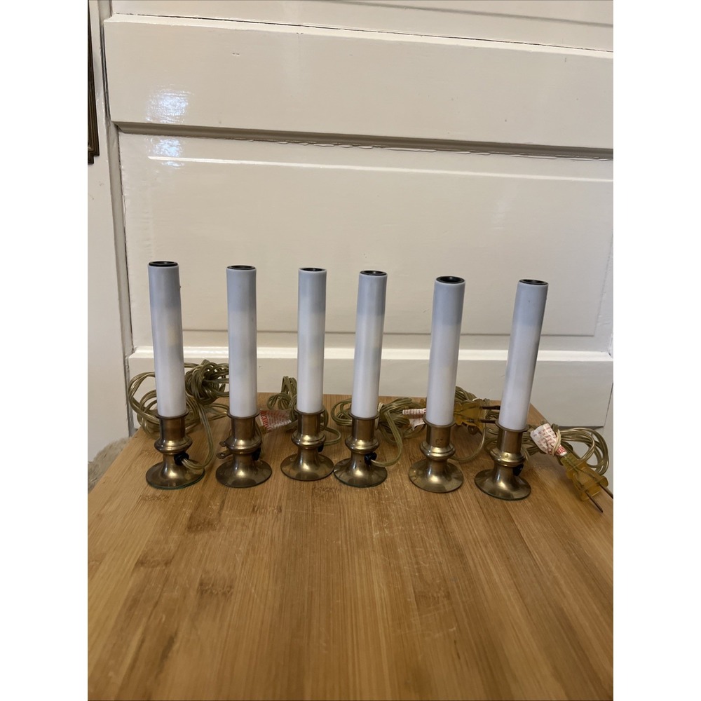 6 Vintage Christmas Lighted Brass Base Window Candle 7" Auto Turn On At Night